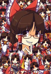 Rule 34 | 1girl, benikurage (cookie), bespectacled, black gloves, black leotard, blush, bow, brown eyes, brown hair, burger, cat, closed mouth, commentary request, cookie (touhou), detached sleeves, drinking, eating, elbow gloves, eyes visible through hair, fingerless gloves, food, frilled bow, frills, glasses, gloves, grin, hair between eyes, hair bow, hakurei reimu, ikiume, leotard, looking at viewer, medium hair, open mouth, orange scarf, parted bangs, ponytail, red-framed eyewear, red bow, red shirt, red skirt, ribbon-trimmed sleeves, ribbon trim, scarf, semi-rimless eyewear, sharp teeth, shirt, skirt, sleeveless, sleeveless shirt, smile, striped clothes, striped scarf, teeth, touhou, under-rim eyewear, upper body, white sleeves, yellow scarf