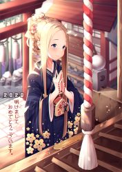 Rule 34 | 1girl, 2020, abigail williams (fate), alternate costume, backlighting, black kimono, blonde hair, blue eyes, blurry, blurry background, blush, box, closed mouth, commentary, day, depth of field, donation box, ema, english commentary, fate/grand order, fate (series), floral print, flower, forehead, hair bun, hair flower, hair ornament, highres, japanese clothes, kimono, kuri (animejpholic), long hair, long sleeves, mouse (animal), outdoors, own hands together, palms together, parted bangs, pink flower, print kimono, sidelocks, single hair bun, smile, solo, torii, translation request, very long hair, wide sleeves