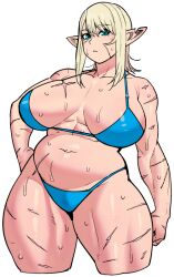Rule 34 | 1girl, belly, bikini, blonde hair, breasts, breasts out, cameltoe, elf-san wa yaserarenai., green eyes, hip focus, huge breasts, looking at viewer, ooeda (elf-san wa yaserarenai.), pointy ears, scar, short hair, solo, swimsuit, synecdoche, thick thighs, thighs