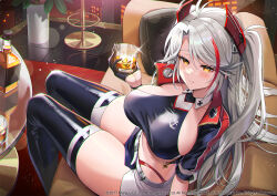 Rule 34 | antenna hair, anzumame, azur lane, black gloves, black thighhighs, boots, breasts, couch, gloves, grey hair, half gloves, indoors, large breasts, long hair, looking at viewer, multicolored hair, official alternate costume, official art, on couch, parted lips, prinz eugen (azur lane), prinz eugen (final lap) (azur lane), race queen, red hair, short sleeves, shorts, sideboob, sitting, smile, solo, streaked hair, thigh boots, thighhighs, two side up, white shorts, yellow eyes