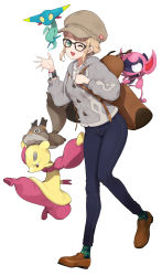 Rule 34 | 1girl, ;d, accio, alternate color, alternate eye color, alternate hair color, backpack, bag, beige headwear, black-framed eyewear, brown bag, brown footwear, cardigan, commentary request, creatures (company), dreepy, dynamax band, eyelashes, full body, game freak, gen 5 pokemon, gen 8 pokemon, glasses, gloria (pokemon), green eyes, green legwear, grey cardigan, hat, highres, holding strap, hooded cardigan, impidimp, mienfoo, nintendo, one eye closed, open mouth, pants, plaid, plaid legwear, pokemon, pokemon (creature), pokemon swsh, shirt, shoes, sidelocks, simple background, skwovet, smile, spread fingers, white background