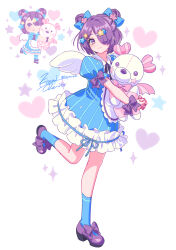 Rule 34 | 1girl, absurdres, apron, blue bow, blue dress, blue socks, blush, bow, closed mouth, collared dress, double bun, dress, frilled dress, frills, full body, hair bow, hair bun, hair ornament, hair over one eye, hairclip, heart, highres, holding, holding stuffed toy, irasutoya, kisumi rei, looking at viewer, mary janes, hugging object, puffy short sleeves, puffy sleeves, purple eyes, purple footwear, purple hair, purple ribbon, ribbon, shoes, short hair, short sleeves, signature, smile, socks, solo, sparkle, standing, standing on one leg, star (symbol), star hair ornament, stuffed toy, twitter username, white apron, white background, white wings, wings, yume kawaii, yumekawa joshi (irasutoya)