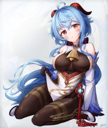 Rule 34 | 1girl, ahoge, alternate breast size, bare shoulders, bell, black bodysuit, black pantyhose, blue hair, blush, bodysuit, bodysuit under clothes, bow, breasts, chinese knot, cleavage, clothes lift, cowbell, detached sleeves, full body, ganyu (genshin impact), genshin impact, gloves, goat horns, gold trim, hair bow, highres, horns, impossible clothes, large breasts, lifting own clothes, long hair, long sleeves, looking at viewer, low ponytail, pantyhose, parted lips, purple eyes, seiza, sideboob, signature, sitting, solo, tassel, thighs, very long hair, vision (genshin impact), xfate
