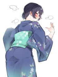 Rule 34 | 1girl, ass, black hair, blue kimono, blush, brown eyes, closed mouth, commentary, cowboy shot, floral print, from behind, hair bun, half-closed eyes, hands up, highres, idolmaster, idolmaster shiny colors, japanese clothes, karan, kimono, long sleeves, looking at viewer, looking back, morino rinze, obi, print kimono, profile, sash, short hair, sideways glance, simple background, single hair bun, solo, standing, sweat, white background, wide sleeves