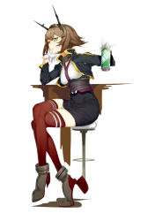 Rule 34 | 10s, 1girl, absurdres, bar stool, brown hair, can, gloves, green eyes, high heels, highres, kantai collection, looking at viewer, mutsu (kancolle), rigging, short hair, skirt, smile, solo, stool, thighhighs, uniform, wu (4401153)
