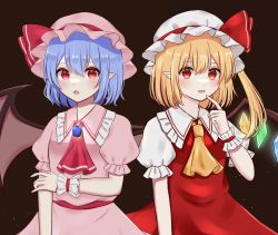 Rule 34 | 2girls, absurdres, ascot, bat wings, belt, blonde hair, blue hair, blush, brown background, collared dress, collared shirt, crystal, dress, eyes visible through hair, fang, flandre scarlet, frilled shirt collar, frills, gem, hair between eyes, hand on own arm, hand up, hat, hat ribbon, highres, jewelry, looking at viewer, mob cap, multicolored wings, multiple girls, one side up, open mouth, pink ascot, pink belt, pink dress, pink eyes, pink headwear, pink ribbon, piyoru nico, pointy ears, puffy short sleeves, puffy sleeves, red dress, red eyes, red ribbon, remilia scarlet, ribbon, shirt, short hair, short sleeves, siblings, simple background, sisters, smile, standing, tongue, touhou, white headwear, white shirt, wings, wrist cuffs, yellow ascot