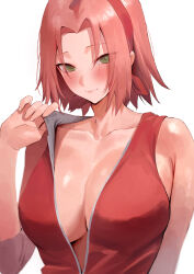 Rule 34 | 1girl, absurdres, alternate breast size, blush, breasts, cleavage, gloves, green eyes, haruno sakura, headband, highres, large breasts, looking at viewer, naruto (series), no bra, open clothes, open shirt, rororo, short hair, sleeveless, smile, sweat