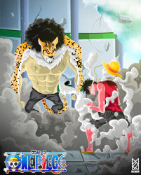 Rule 34 | 2023, 2boys, alternate form, animal ears, animal hands, artist logo, black hair, clenched hand, colored skin, facial hair, full body, gear third, goatee, hat, highres, jaguar boy, jaguar ears, jaguar tail, jm productions, jolly roger, logo, male focus, medium hair, monkey d. luffy, multiple boys, one piece, rob lucci, sandals, scar, scar on chest, scar on face, short hair, signature, skull and crossbones, standing, straw hat, tail, teeth, topless, topless male, wavy hair