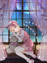 Rule 34 | 1girl, absurdres, artist name, ascot, blonde hair, bobby socks, cattleya (a yel ttac), closed mouth, commentary request, curtains, flandre scarlet, frilled skirt, frilled sleeves, frills, from side, full body, hat, highres, indoors, looking at viewer, looking to the side, mary janes, medium hair, mob cap, moon, multicolored wings, puffy short sleeves, puffy sleeves, rain, red eyes, red footwear, red skirt, red vest, shirt, shoes, short sleeves, side ponytail, sitting, skirt, skirt set, smile, socks, solo, stuffed animal, stuffed toy, teddy bear, touhou, vest, white hat, white shirt, white socks, window, windowsill, wings, yellow ascot