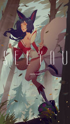 Rule 34 | 1girl, :o, ahri (league of legends), animal ears, artist name, ass, bare shoulders, basket, black hair, breasts, building, detached sleeves, facial mark, forest, fox ears, fox tail, from side, highres, japanese clothes, jewelry, kimono, kneehighs, korean clothes, kyuubi, large breasts, league of legends, long hair, multiple tails, mushroom, nature, necklace, open mouth, red sleeves, see you, short kimono, socks, solo, tail, teeth, tree, upper teeth only, whisker markings, yellow eyes