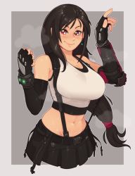 Rule 34 | 1girl, abs, arm guards, black skirt, breasts, cleavage, crop top, earrings, elbow gloves, final fantasy, final fantasy vii, final fantasy vii remake, fingerless gloves, gloves, highres, jewelry, justrube, large breasts, long hair, looking at viewer, low-tied long hair, materia, navel, skirt, smile, solo, square enix, stomach, suspender skirt, suspenders, sweat, swept bangs, tank top, tifa lockhart, toned, upper body, very long hair, white tank top