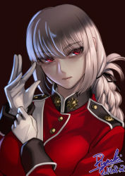 Rule 34 | 1girl, adjusting clothes, braid, closed mouth, dated, expressionless, fate/grand order, fate (series), florence nightingale (fate), gloves, grey hair, hair ribbon, highres, lips, long hair, long sleeves, looking to the side, military, military uniform, pale skin, pink eyes, ribbon, ryuki@maguro-ex, sidelocks, sideways glance, signature, single braid, solo, uniform, upper body, white gloves