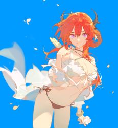 Rule 34 | 1girl, :q, arknights, ask (askzy), bikini, blue background, commentary request, cowboy shot, food, hand up, holding, holding food, horns, long hair, looking at viewer, navel, popsicle, purple eyes, red hair, revision, side-tie bikini bottom, solo, standing, stomach, surtr (arknights), surtr (colorful wonderland) (arknights), swimsuit, tongue, tongue out