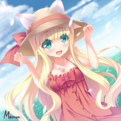 Rule 34 | 1girl, :d, animal ears, artist name, blonde hair, blush, buttons, character request, dress, ears through headwear, flower, flower necklace, green eyes, hat, hat ribbon, jewelry, long hair, maron (1212ama), necklace, open mouth, red dress, ribbon, signature, smile, sound voltex, sound voltex ii infinite infection, sun hat, sundress