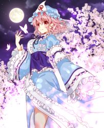 Rule 34 | 1girl, black ribbon, blue hat, blue kimono, blurry, blurry background, blush, bokeh, breasts, bug, butterfly, cherry blossoms, closed mouth, cloud, cloudy sky, commentary, cowboy shot, depth of field, floral print, frilled hat, frilled kimono, frilled sleeves, frills, full moon, hair between eyes, hat, insect, japanese clothes, kimono, looking at viewer, medium breasts, mob cap, moon, neck ribbon, night, night sky, okawa friend, outdoors, pink hair, red eyes, ribbon, saigyouji yuyuko, short hair, sky, sleeves past fingers, sleeves past wrists, smile, solo, standing, touhou, tree, triangular headpiece, wavy hair, wide sleeves, wind