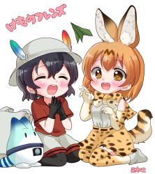 Rule 34 | 10s, 2girls, animal ears, backpack, bag, black gloves, black hair, blush, bow, bowtie, bucket hat, elbow gloves, eneco, gloves, happy, hat, hat feather, high-waist skirt, highres, kaban (kemono friends), kemono friends, lucky beast (kemono friends), multiple girls, paper airplane, red shirt, serval (kemono friends), serval print, serval tail, shirt, short hair, skirt, sleeveless, sleeveless shirt, striped tail, tail