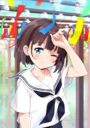 Rule 34 | 1girl, ;), absurdres, arm up, black neckerchief, black skirt, blue eyes, blue sky, blurry, blurry background, blush, brown hair, closed mouth, collarbone, commentary request, day, depth of field, fingernails, highres, looking at viewer, mousou (mousou temporary), neckerchief, one eye closed, original, outdoors, sailor collar, school uniform, serafuku, shirt, short hair, skirt, sky, smile, solo, upper body, white sailor collar, white shirt, wind chime