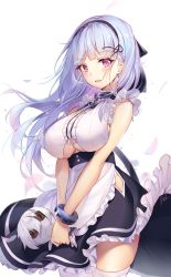 Rule 34 | 1girl, azur lane, bare shoulders, breasts, character doll, clothing cutout, cowboy shot, dido (azur lane), dress, earrings, frilled dress, frills, hairband, highres, holding, jewelry, large breasts, long hair, looking at viewer, open mouth, pdxen, petals, pink eyes, silver hair, simple background, sleeveless, sleeveless dress, smile, solo, thighhighs, underboob, underboob cutout, v arms, white background, white thighhighs, zettai ryouiki