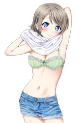 Rule 34 | 1girl, armpits, blue eyes, blush, body blush, bra, breasts, brown hair, cleavage, commentary request, cowboy shot, denim, denim shorts, green bra, groin, highres, looking at viewer, love live!, love live! sunshine!!, medium breasts, navel, sankuro (agoitei), shirt, short hair, shorts, simple background, smile, solo, standing, underwear, undressing, watanabe you, white background, white shirt