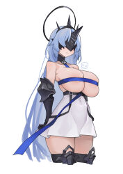Rule 34 | 1girl, alsace (azur lane), areola slip, armored legwear, artist logo, azur lane, bare shoulders, belt, between breasts, black belt, black gloves, black thighhighs, black tiara, blue hair, breast strap, breastless clothes, breasts, cleavage, closed mouth, commentary request, covered eyes, cropped legs, detached collar, dress, eye mask, gauntlets, gloves, hair ornament, halo, halo behind head, highres, large breasts, long hair, parted bangs, ribbon, sidelocks, simple background, skindentation, solo, strap between breasts, thighhighs, tiara, underbust, uusquid, very long hair, virgosdf, white background, white dress