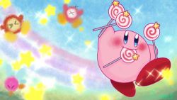 Rule 34 | blush, bronto burt, candy, crayon (medium), closed eyes, food, food in mouth, holding, holding food, invincible candy, kirby, kirby (series), kurono969, nintendo, signature, smile, sparkle, star (symbol), traditional media, waddle dee, waddle doo