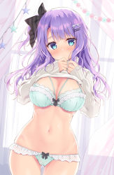Rule 34 | 1girl, aqua bra, aqua panties, blue eyes, blush, bow, bra, breasts, cameltoe, cleavage, clothes lift, cowboy shot, embarrassed, gluteal fold, grey sweater, hair bow, hair ornament, hairclip, highres, large breasts, long hair, long sleeves, looking at viewer, navel, no pants, one side up, original, panties, purple hair, ryouka (suzuya), solo, stomach, sweater, sweater lift, underwear