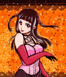 Rule 34 | 00s, 1girl, breasts, brown hair, colorfag, colorized, corset, drawfag, elbow gloves, gloves, hair flip, hair ribbon, lipstick, long hair, makeup, red eyes, red gloves, ribbon, rosario+vampire, solo, toujou ruby, twintails