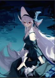 Rule 34 | 1girl, arknights, bare shoulders, black dress, black headwear, commentary request, dress, hair between eyes, highres, long hair, looking at viewer, parted lips, pe902, red eyes, sitting, solo, specter (arknights), specter the unchained (arknights), very long hair, white hair, wrist cuffs