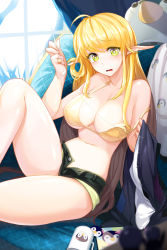 Rule 34 | 1girl, ahoge, bikini, blonde hair, blush, bra, breasts, cleavage, cup, denim, denim shorts, elf, green eyes, highres, large breasts, long hair, looking at viewer, navel, off shoulder, open fly, pointy ears, sewing, shiny skin, short shorts, shorts, sitting, snowball22, solo, strap gap, strap slip, swimsuit, sword girls, tears, treanna, underwear, unzipped