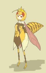 Rule 34 | 1girl, antennae, arthropod girl, arthropod limbs, back bow, bee girl, bow, brown background, brown dress, closed mouth, collar, crossed arms, crown, detached sleeves, diode (0 division), dress, extra arms, extra eyes, frilled collar, frilled dress, frilled sleeves, frills, full body, highres, insect girl, insect wings, long sleeves, looking at viewer, no sclera, original, red eyes, shadow, short hair, simple background, sleeveless, sleeveless dress, solo, standing, wasp girl, wings, yellow dress, yellow eyes