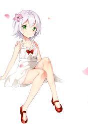 Rule 34 | 1girl, alternate costume, bare shoulders, collarbone, commentary request, dress, fate/apocrypha, fate (series), flower, green eyes, hair flower, hair ornament, highres, jack the ripper (fate/apocrypha), looking at viewer, pink flower, red footwear, red ribbon, ribbon, scar, scar across eye, scar on face, shoes, short hair, silver hair, solo, white dress, yukaa