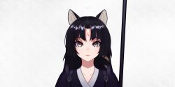 Rule 34 | 1girl, animal ears, arknights, bad id, bad pixiv id, black hair, black kimono, chinese commentary, collarbone, commentary request, dog ears, facial mark, grey background, grey eyes, highres, japanese clothes, kimono, long hair, looking at viewer, nengliang shengmingti, partial commentary, portrait, red lips, saga (arknights), simple background, solo