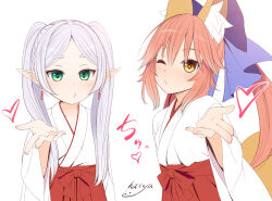 Rule 34 | 2girls, animal ear fluff, animal ears, blowing kiss, blue bow, blush, bow, brown eyes, commentary request, crossover, earrings, elf, fate/extra, fate (series), fox ears, fox girl, fox tail, frieren, green eyes, grey hair, hair between eyes, hair bow, hakama, hakama skirt, haryuu (poetto), heart, highres, japanese clothes, jewelry, kimono, long hair, long sleeves, miko, multiple girls, parted bangs, pink hair, pointy ears, ponytail, puckered lips, red hakama, short eyebrows, signature, simple background, skirt, sousou no frieren, tail, tamamo (fate), tamamo no mae (fate/extra), thick eyebrows, twintails, very long hair, white background, white kimono, wide sleeves