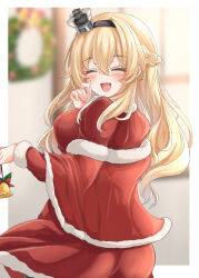 Rule 34 | 1girl, bell, black hairband, blonde hair, blurry, blurry background, braid, capelet, christmas wreath, closed eyes, commentary request, crown, dress, french braid, fur-trimmed capelet, fur-trimmed dress, fur trim, hairband, highres, kantai collection, kasashi (kasasi008), long hair, long sleeves, mini crown, official alternate costume, red capelet, red dress, smile, solo, warspite (kancolle), window, wreath