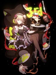 Rule 34 | 1girl, artist request, asymmetrical gloves, black background, black gloves, brown hair, brown thighhighs, cake, cake slice, captain (honkai impact), closed mouth, doughnut, dress, flower, food, frilled dress, frills, full body, gloves, hair flower, hair ornament, highres, honkai (series), honkai impact 3rd, looking at viewer, maid, maid headdress, mismatched gloves, mole, mole under eye, pudding, purple eyes, purple flower, purple rose, rita rossweisse, rita rossweisse (umbral rose), rose, simple background, sitting, smile, solo, spoon, tea, teapot, thighhighs