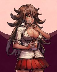 Rule 34 | 1girl, aoki (fumomo), beige background, blush, breasts, brown background, brown eyes, brown hair, cleavage, collarbone, commentary request, cowboy shot, cup, danganronpa (series), danganronpa 2: goodbye despair, disposable cup, food, food on face, grin, holding, holding cup, holding food, large breasts, long hair, miniskirt, owari akane, pleated skirt, purple background, red skirt, shiny skin, shirt, skirt, sleeves rolled up, smile, solo, white shirt