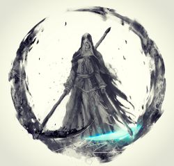 Rule 34 | 1girl, ashes of ariandel, cape, closed mouth, commentary, dark souls (series), dark souls iii, dress, english commentary, facing viewer, habit, highres, holding, holding scythe, holding weapon, hood, hood up, nun, scythe, shimhaq, sister friede, solo, weapon