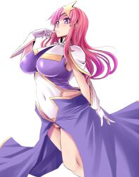 Rule 34 | 1girl, blue eyes, breasts, capelet, feet out of frame, gloves, gundam, gundam seed, gundam seed destiny, hair ornament, highleg, highleg leotard, highres, impossible clothes, impossible leotard, large breasts, leotard, long hair, meer campbell, multicolored leotard, pink hair, purple leotard, purple skirt, simple background, skirt, solo, star (symbol), star hair ornament, tonpuu, white background, white capelet, white gloves, white leotard