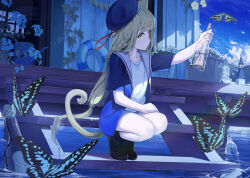 Rule 34 | 1girl, animal ears, beret, black footwear, blue jacket, blue sky, bottle, braid, bug, butterfly, cat ears, cat girl, cat tail, cloud, corked bottle, green eyes, green hair, hat, highres, holding, holding bottle, insect, jacket, lifebuoy, message in a bottle, mikisai, original, shirt, sky, solo, squatting, stairs, swim ring, tail, water, watering can, white shirt, windmill