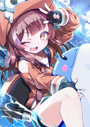 Rule 34 | 1girl, blush, brown eyes, brown hair, cloud, collarbone, dolphin, fingerless gloves, gloves, guilty gear, hat, highres, looking at viewer, may (guilty gear), ocean, omochishiki, one eye closed, open mouth, pirate hat, sky, solo, teeth, v, water