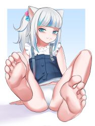 Rule 34 | 1girl, animal ears, barefoot, blue eyes, cat ears, feet, gawr gura, gawr gura (casual), highres, hololive, hololive english, long hair, looking at viewer, multicolored hair, panapana (pixiv 12562150), panties, ponytail, soles, solo, streaked hair, toes, underwear, virtual youtuber, white hair