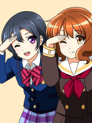 Rule 34 | 2girls, black hair, brown eyes, brown hair, checkered clothes, checkered skirt, commentary request, curly hair, eyebrows, hibike! euphonium, kurosawa tomoyo, long sleeves, looking at viewer, love live!, love live! sunshine!!, love live! sunshine!! the school idol movie over the rainbow, mitsuhiro-510-goto, multiple girls, one eye closed, oumae kumiko, purple eyes, salute, school swimsuit, short hair, skirt, swimsuit, voice actor connection, watanabe tsuki