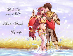 Rule 34 | 1boy, 1girl, bard (ragnarok online), belt, bikini, boots, breasts, brown belt, brown capelet, brown footwear, brown hair, brown shirt, brown shorts, capelet, cleavage, closed eyes, commentary request, detached sleeves, english text, frilled hairband, frills, full body, gypsy (ragnarok online), hairband, happy, head wings, holding hands, ilrujer, jewelry, long hair, low-tied long hair, medium breasts, navel, necklace, open mouth, pink hair, ragnarok online, red hairband, red sleeves, sequins, shirt, short hair, shorts, smile, splashing, strapless, strapless bikini, swimsuit, water, white legwear, white wings, wings, yellow bikini