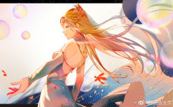 Rule 34 | 1girl, bare back, bare shoulders, blonde hair, blue eyes, bubble, douluo dalu, dress, expressionless, hair ornament, highres, letterboxed, light, long hair, qian renxue (douluo dalu), qian renxue zhuye, weibo logo, weibo watermark, white background, white dress
