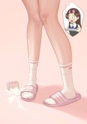 Rule 34 | 1girl, blue necktie, brown hair, collared shirt, feet, food on body, food on legs, ghhoward, highres, holding, holding tray, knees together feet apart, legs, lower body, necktie, open mouth, original, parted bangs, pink background, pink footwear, ribbed socks, sandals, shadow, shirt, socks, suggestive fluid, tray, white shirt, white socks