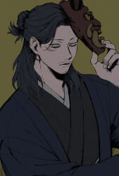 Rule 34 | 1boy, bags under eyes, black hair, black kimono, boku no hero academia, brown background, eraser head (boku no hero academia), facial hair, fingernails, goatee, hair bun, highres, holding, holding mask, japanese clothes, kimono, long hair, looking at viewer, male focus, mask, mask lift, mustache stubble, oni mask, parted lips, rnuyvm, scar, scar on face, solo, sparse stubble, stubble, upper body, wide sleeves