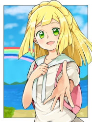 Rule 34 | 1girl, backpack, bag, blonde hair, blue sky, cloud, creatures (company), cu-sith, day, game freak, green eyes, lillie (pokemon), long hair, nintendo, open mouth, outdoors, outstretched arm, pokemon, pokemon sm, ponytail, rainbow, shirt, short sleeves, sky, solo, water, white shirt