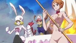 Rule 34 | 2girls, 3boys, animal ears, antlers, black skirt, blonde hair, breasts, can, carrot (one piece), choker, cleft of venus, clothed female nude female, clothed male nude female, cowboy shot, creature, drink can, fire, gloves, hair bun, hat, highres, horns, large breasts, multiple boys, multiple girls, nami (one piece), nude, nude filter, one piece, orange hair, outdoors, public indecency, r34son, rabbit ears, rabbit girl, rabbit tail, red choker, red hair, shirt, short hair, single hair bun, skirt, sleeveless, sleeveless shirt, soda can, tail, tattoo, third-party edit, tony tony chopper, uncensored, vinsmoke ichiji, vinsmoke judge, white gloves, white headwear, zenra