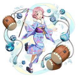Rule 34 | 1girl, ball, blush, drum, flower, full body, hair flower, hair ornament, heel up, highres, holding, instrument, japanese clothes, kimono, leg up, lisbeth (sao), long sleeves, non-web source, obi, official art, one eye closed, open mouth, pink eyes, pink hair, platform footwear, pointy ears, rod, sandals, sash, short hair, solo, sword art online, transparent background