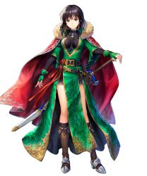 Rule 34 | 1girl, asatani tomoyo, belt, belt pouch, black hair, black legwear, boots, breasts, brown eyes, cape, dress, earrings, fingerless gloves, fingernails, fire emblem, fire emblem: thracia 776, fire emblem heroes, full body, fur trim, gloves, gold trim, green dress, green gloves, hair ornament, highres, jewelry, knee boots, mareeta (fire emblem), medium breasts, medium hair, necklace, nintendo, non-web source, official art, pelvic curtain, pouch, red cape, short sleeves, skin tight, solo, sword, transparent background, weapon, wide sleeves